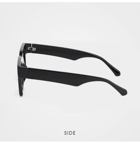 Side view of trendy black chunky frame sunglasses with smooth temples and sleek design
