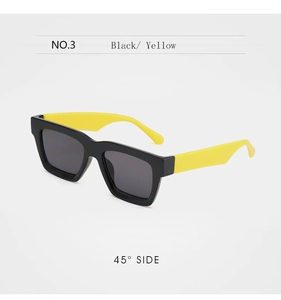 45-degree side view of bold black and yellow oversized square hip-hop sunglasses