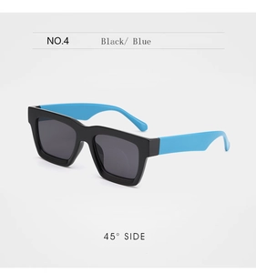 Detail view of square black frames with vibrant blue temples at a 45-degree angle