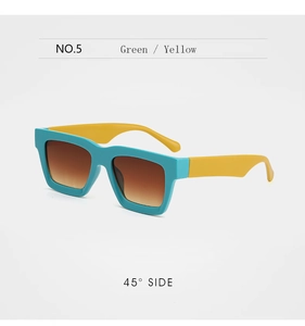 Side view of NO.5 square sunglasses featuring cyan green frame and bright yellow temples