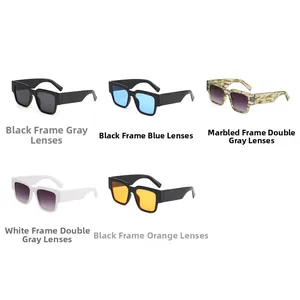 Detail showing five assorted rectangular sunglasses in black, white, and tortoise frames