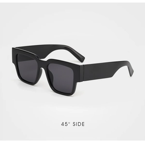 Detail view of bold black square frame sunglasses from a 45-degree side angle