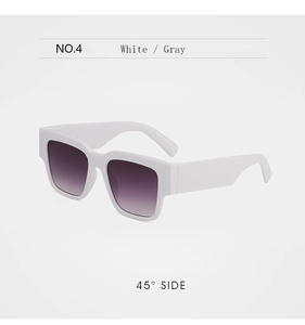 Detailed 45-degree side view of white square frame sunglasses with gradient gray lenses