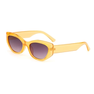 Retro orange cat-eye sunglasses with wide temples and purple gradient lenses on white backdrop