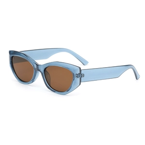 Cat-eye sunglasses with light blue translucent frames and brown lenses at a 45-degree angle