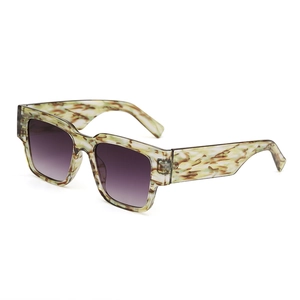 Fashionable square sunglasses with green marble frame and purple gradient lenses
