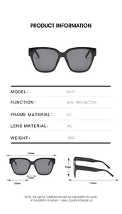 Tableau des tailles pour lunettes de soleil carrées modèle 8021 avec dimensions des lentilles