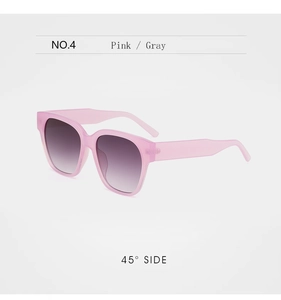 Vue latérale de lunettes de soleil roses translucides avec verres dégradés gris