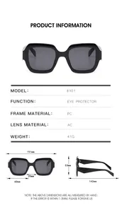 Detailed size chart for 8101 hip-hop sunglasses with full frame dimensions and weight