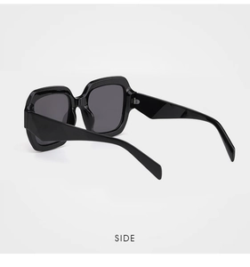 Side view of black square frame sunglasses featuring thick temple arms and UV protection