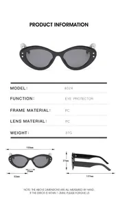 Size chart for cat eye sunglasses with star studs showing lens width and frame dimensions
