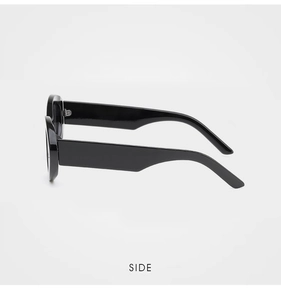 Side view of trendy thick black frame sunglasses with wide temples in glossy finish