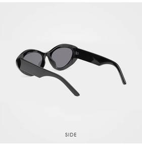 Detailed side view of stylish black cat-eye sunglasses with thick glossy frames