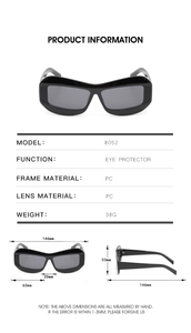 Detailed size specifications for model 8052 oversized black PC frame sunglasses