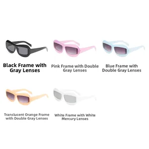 Close-up of five colorful square frame Y2K sunglasses in various trendy pastel colors