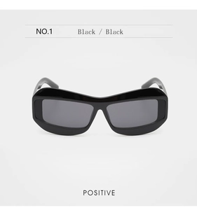Front view of black thick-frame sunglasses with glossy finish and matching dark lenses
