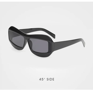 Detailed 45-degree side view of thick black frame sunglasses with dark grey lenses