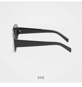 Side view of trendy black thick frame sunglasses with sleek temples and retro design