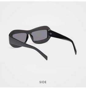 Side view of trendy thick black frame sunglasses featuring silver metal hinge details