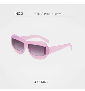 Pink chunky frame sunglasses with double gray gradient lenses shown at a 45-degree angle