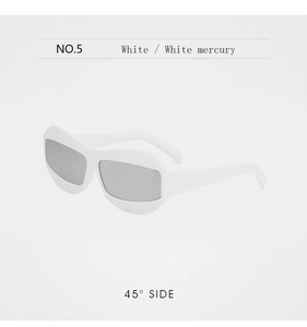 45-degree side view of white cat-eye sunglasses with silver mercury mirrored lenses