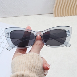 Detailed view of hand-held cat-eye sunglasses with transparent grey resin frames