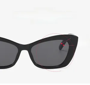 Detailed view of the sleek black cat-eye sunglasses frame with a glossy finish