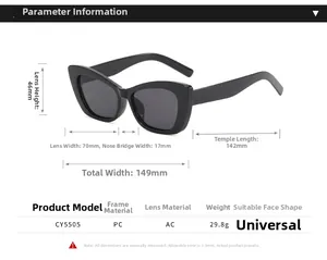 Detailed size chart for CY5505 cat-eye sunglasses with precise frame measurements
