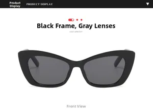 Front view of small cat-eye sunglasses with sleek black frames and dark grey tinted lenses