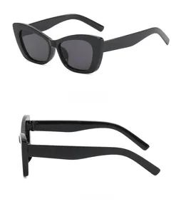 Detailed side view and profile of black cat-eye sunglasses with thick retro frames