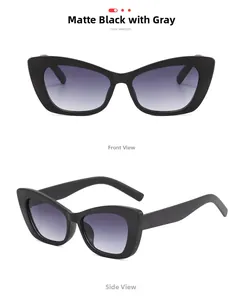 Detailed front and side views of matte black cat-eye sunglasses with grey gradient lenses