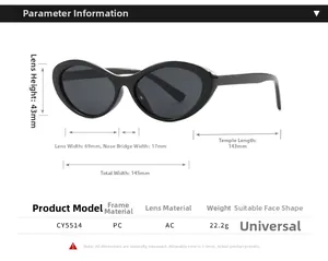 Size chart showing exact dimensions and weight of retro cat-eye sunglasses