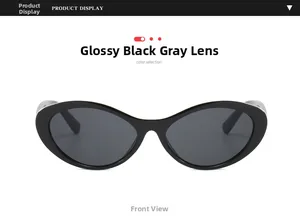 Front view of cat-eye sunglasses with glossy black frame and dark grey lenses