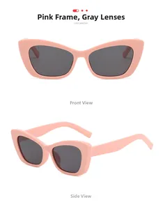 Detailed front and side views of pink cat-eye sunglasses with gray UV lenses