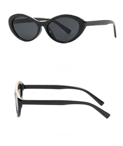 Detailed side and back view of retro black oval cat-eye sunglasses with thick frames