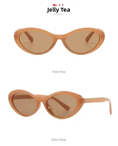Macro detail of jelly tea cat-eye sunglasses showing front and side profile views