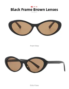 Detail view of cat eye sunglasses featuring black frames and translucent tea lenses