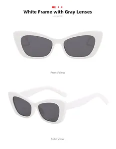 Front and side views of retro small cat eye white frame sunglasses with gray lenses