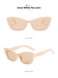 Close-up of cat-eye sunglasses with ivory frames and brown lenses from two angles