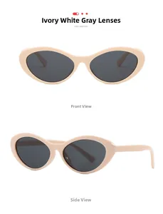 Front and side view of ivory white cat eye sunglasses with gray lenses and retro design