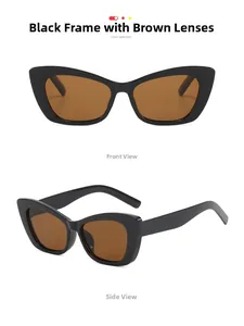 Detailed front and side views of black cat-eye sunglasses with tea-tinted lenses