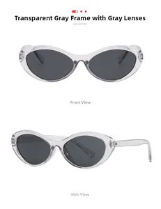 Front and side view of transparent grey cat-eye sunglasses with dark grey lenses