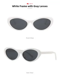 Front and side view of retro cat eye sunglasses with thick white frames and grey lenses