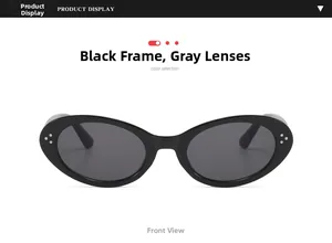 Front view of oval sunglasses with black frames, grey lenses, and three-point rivets