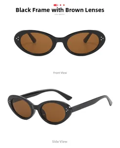 Detailed views of black cat-eye sunglasses featuring brown lenses and silver triple rivets