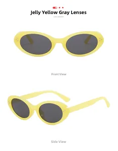 Oval jelly yellow sunglasses with dark grey lenses shown from front and side angles