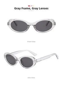 Close-up of gray oval sunglasses with semi-transparent frame and CX2218 sku text