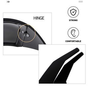 Detail of strong metal hinges and wide temples on stylish black oversized sunglasses