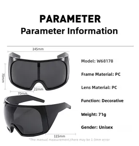 Detailed size chart for futuristic black oversized PC sunglasses showing frame dimensions