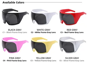 Detailed grid showing six futuristic wrap-around sunglasses in assorted vibrant frame colors